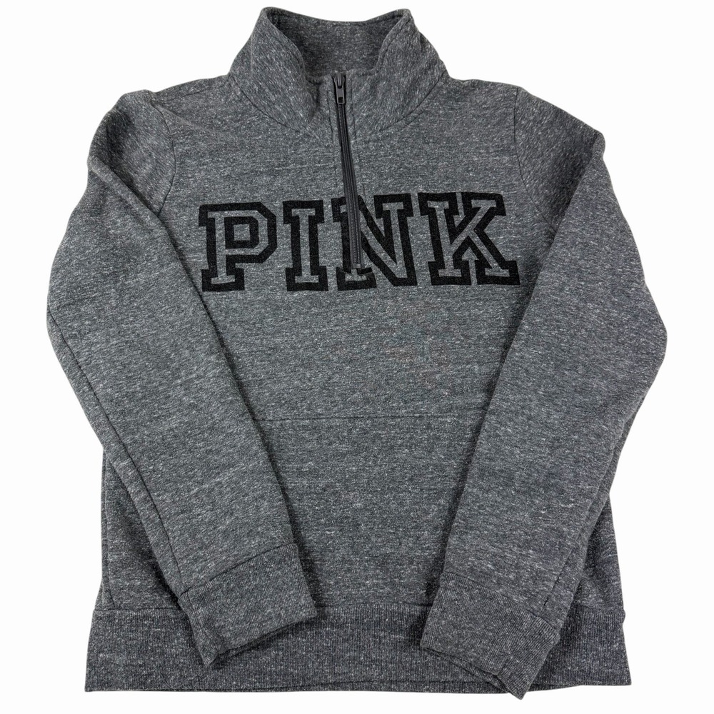 PINK Victoria Secret Pullover Sweatshirt Half Zip Gray Size Small Logo Pocket